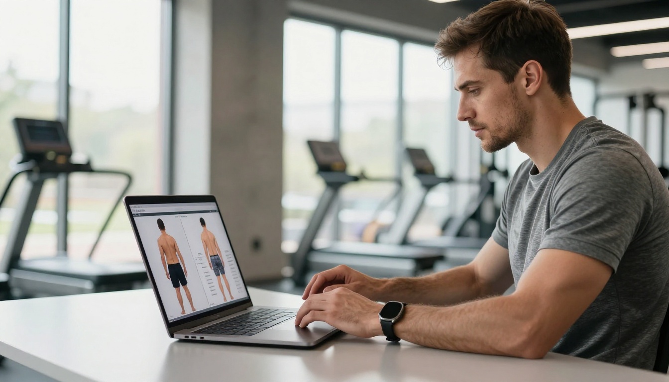 A fitness trainer reviewing a body transformation portfolio flipbook on a laptop in a bright modern gym