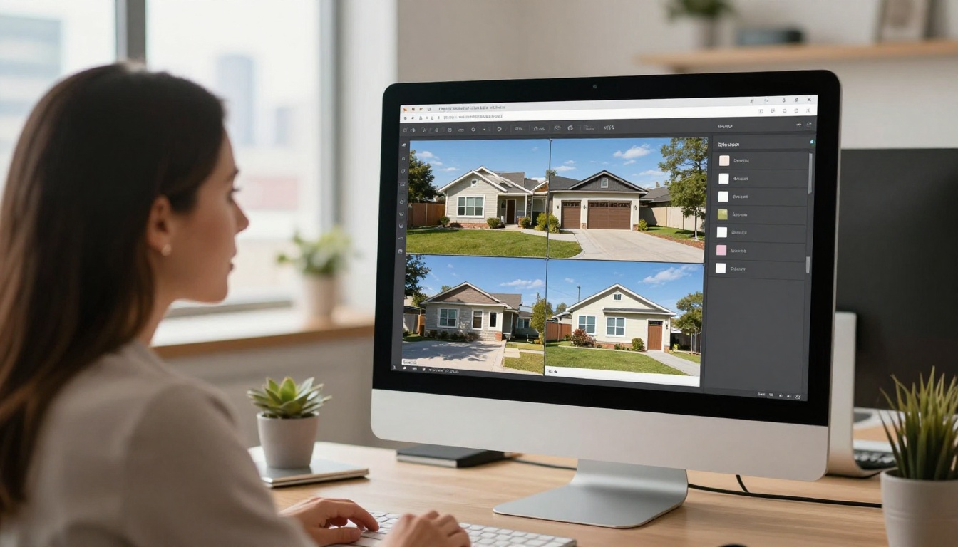 A real estate agent showing a property renovation flipbook on a desktop monitor to an engaged couple leaning forward with interest