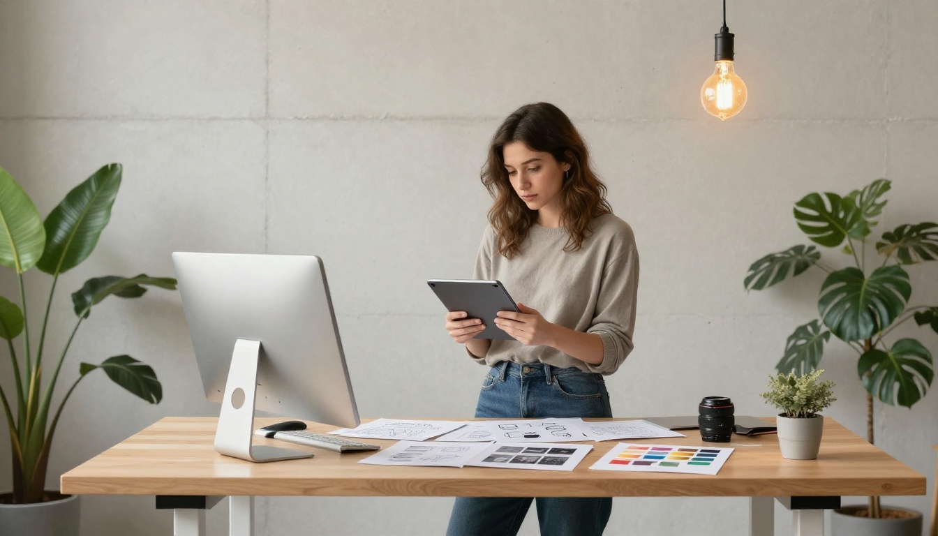 A graphic designer reviewing before-and-after brand redesign pages on an iPad Pro in a minimalist creative studio