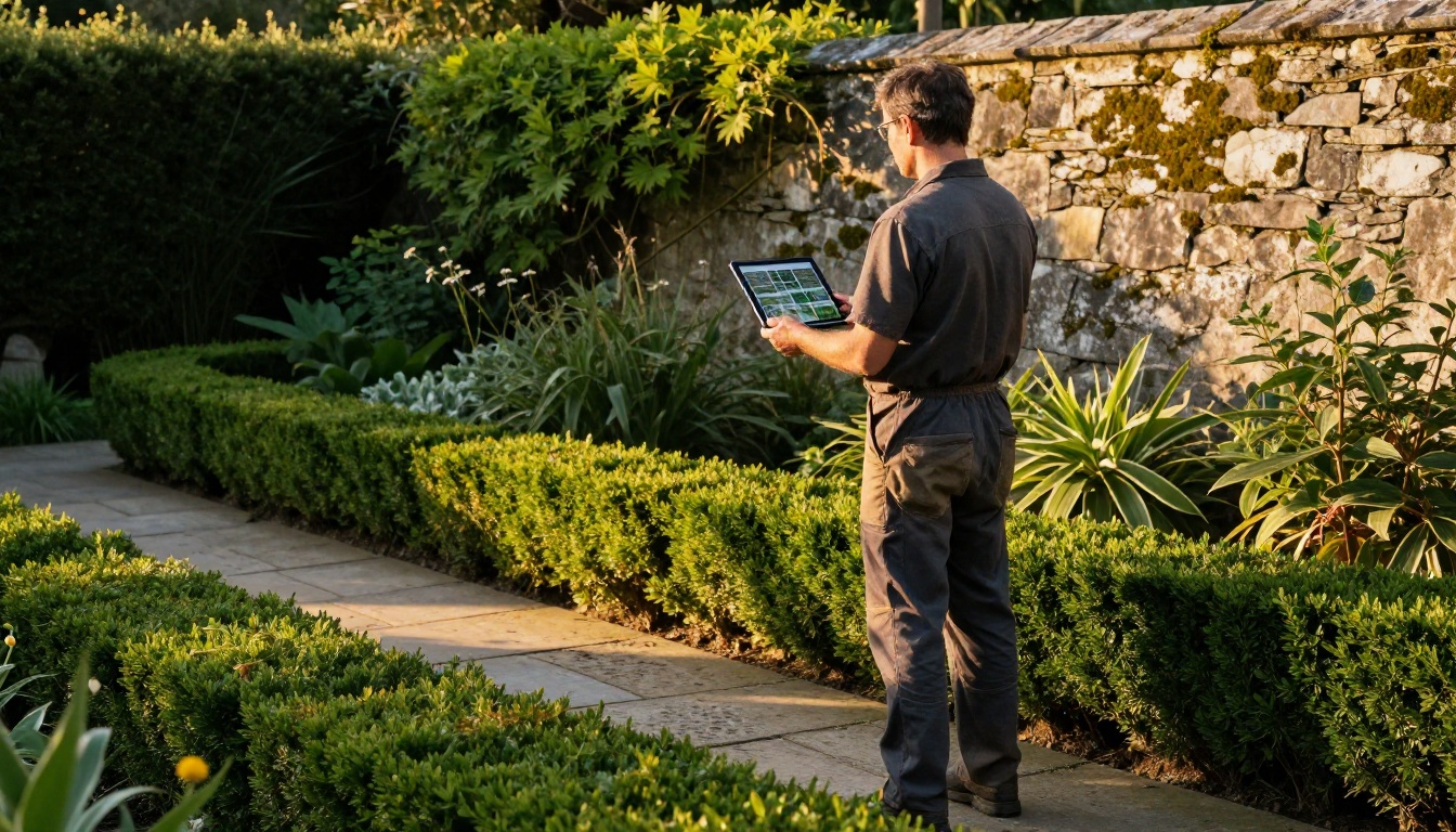 A professional landscaper holding a before-and-after garden portfolio tablet at golden hour in a beautifully manicured garden