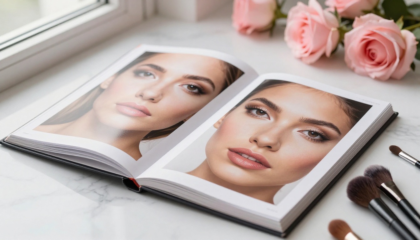 A beauty portfolio open on white marble showing dramatic before-and-after makeup transformation pages alongside professional brushes