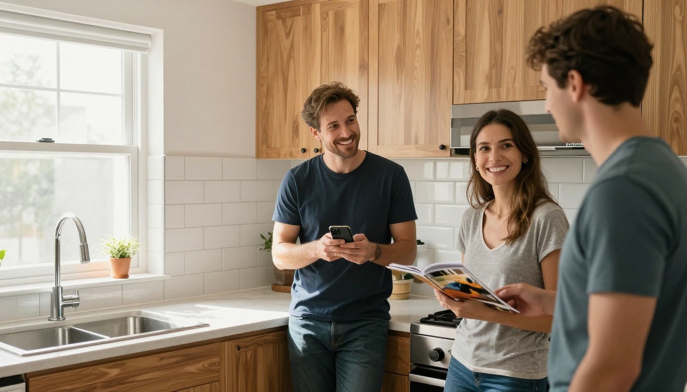 A home renovation contractor showing a completed kitchen remodel flipbook on his smartphone to a happy homeowner couple
