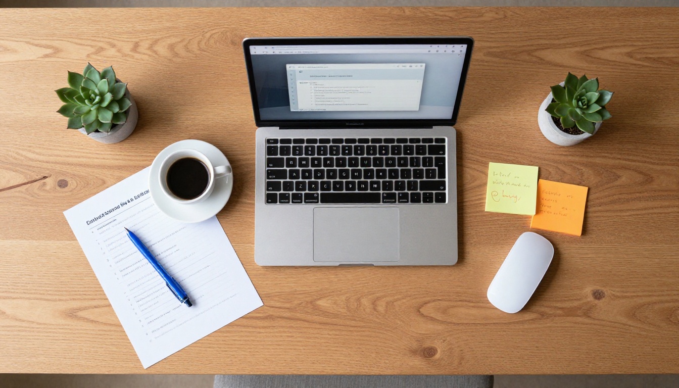 Overhead flat-lay desk with MacBook, handwritten comparison notes, sticky notes, and marketing materials Overhead flat-lay desk with MacBook, handwritten comparison notes, sticky notes, and marketing materials