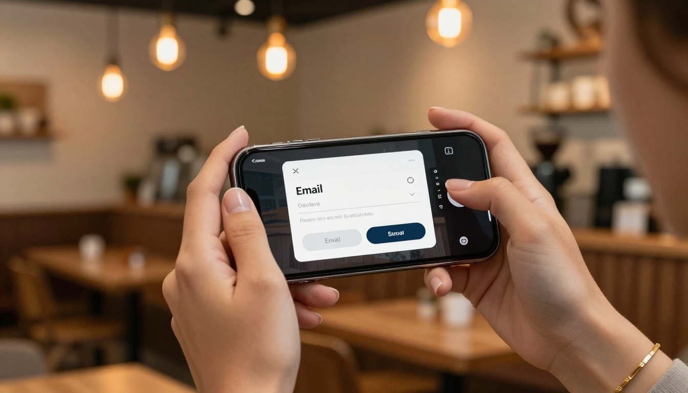 Woman holding smartphone showing mobile flipbook with lead capture popup overlay in a warm coffee shop Woman holding smartphone showing mobile flipbook with lead capture popup overlay in a warm coffee shop