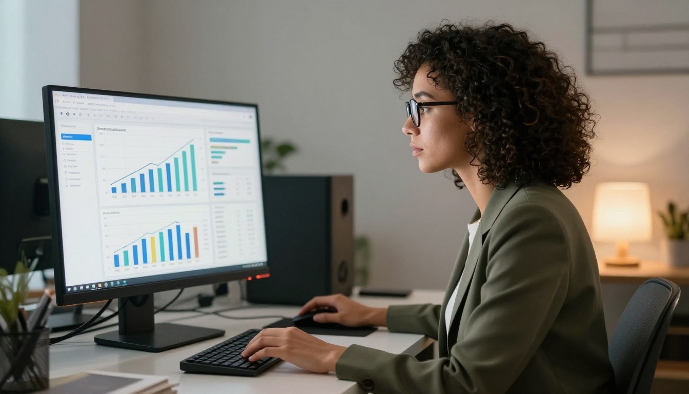 Professional woman reviewing analytics dashboard with upward trending email subscriber graphs and lead metrics Professional woman reviewing analytics dashboard with upward trending email subscriber graphs and lead metrics