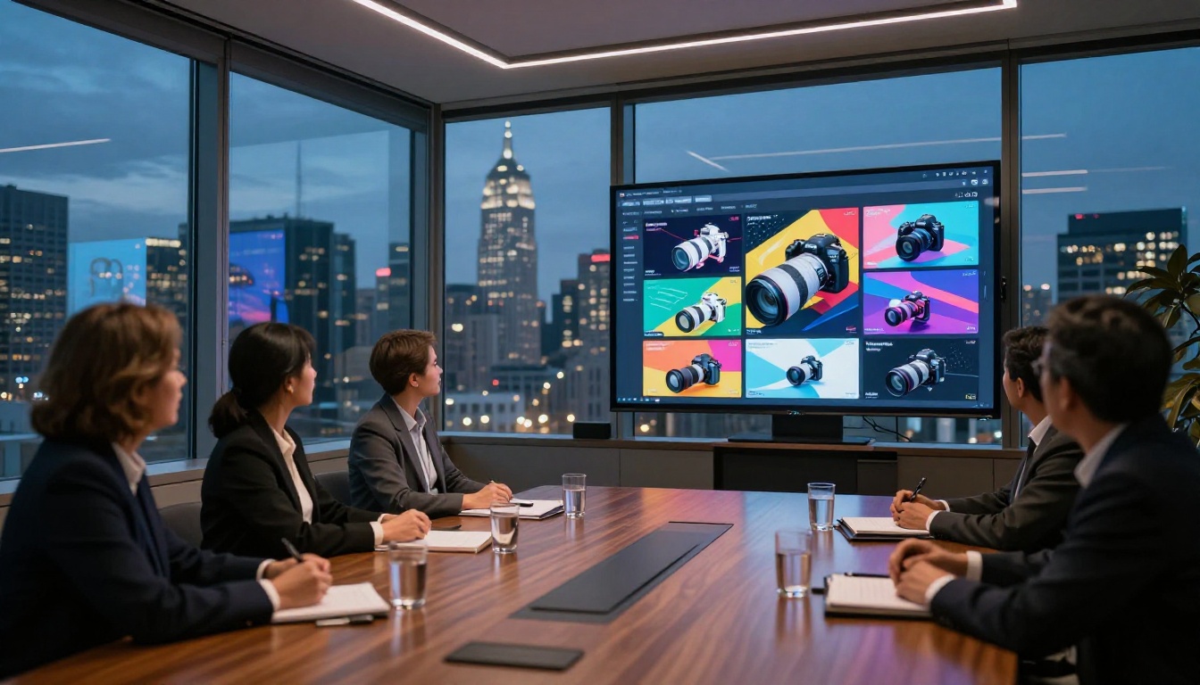 Wide conference room view with wall-mounted display showing a digital flipbook presentation at blue-hour dusk Wide conference room view with wall-mounted display showing a digital flipbook presentation at blue-hour dusk