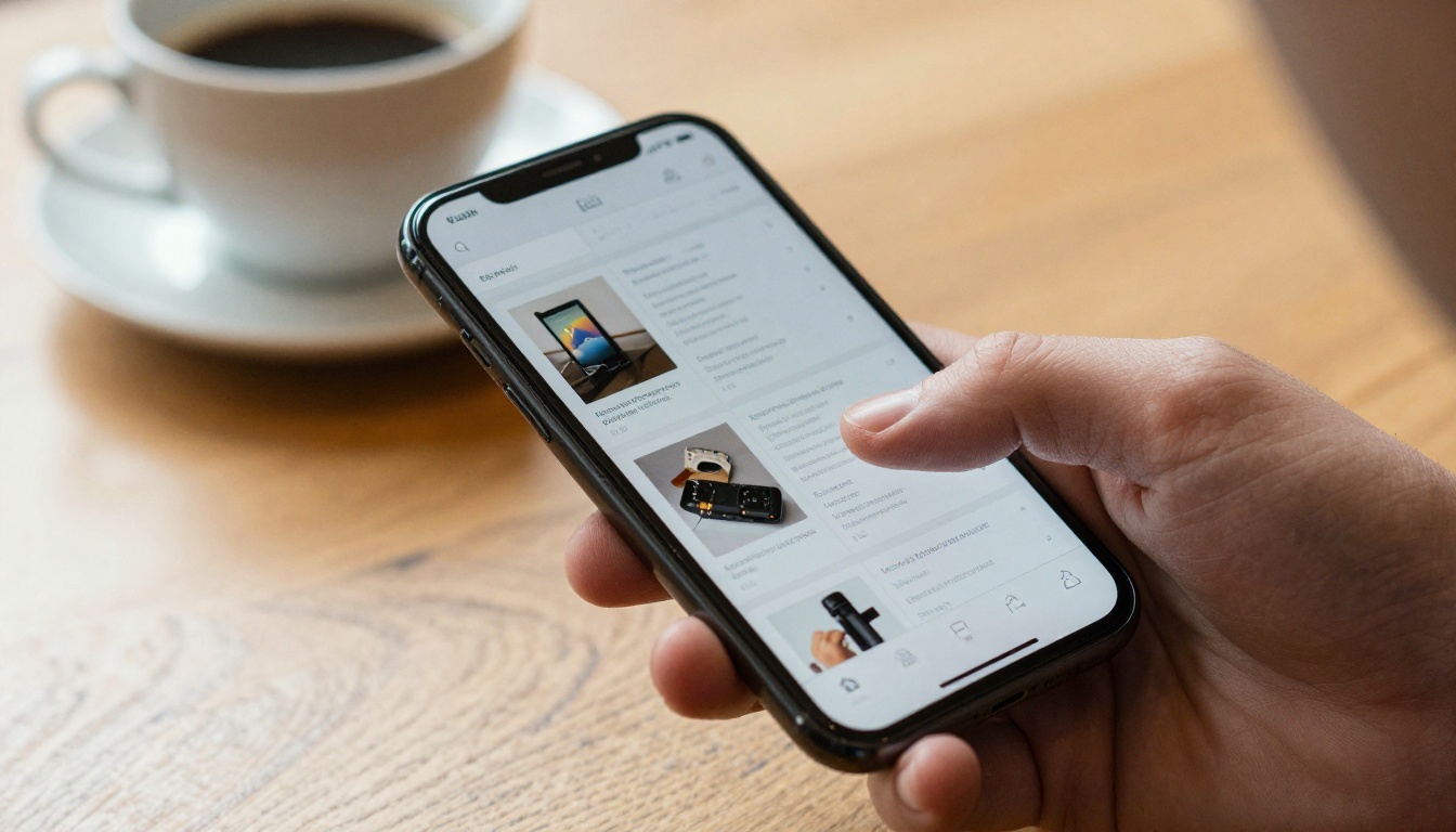 Smartphone screen showing tiny unreadable PDF catalog content with a finger attempting to zoom in
