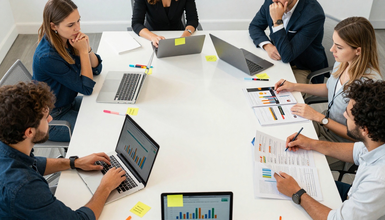 Marketing team analyzing low catalog views around a conference table with laptops and printed materials