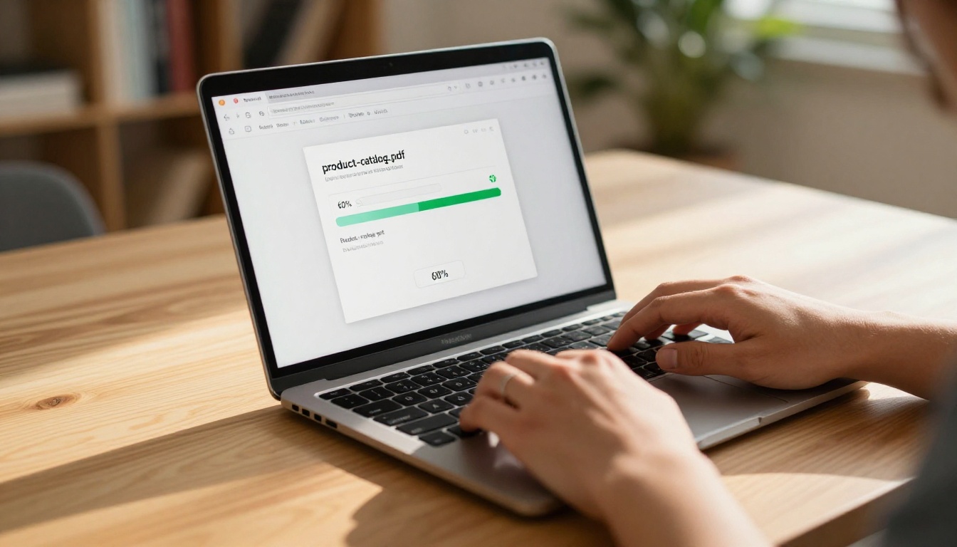Hands uploading a PDF catalog file from a MacBook with a green upload progress bar visible on screen
