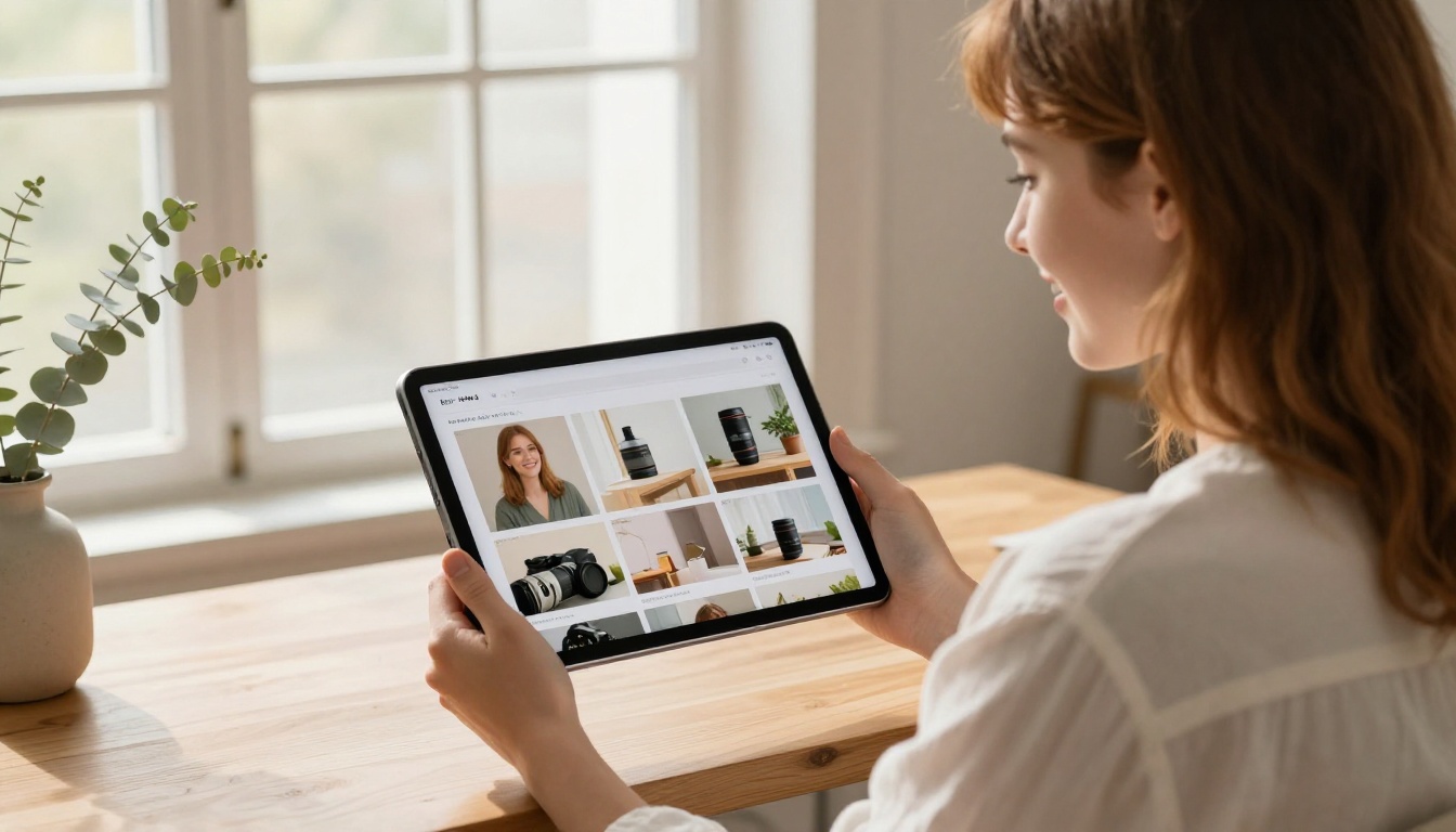 Woman delightedly swiping through an interactive flipbook catalog on a tablet in a bright home office