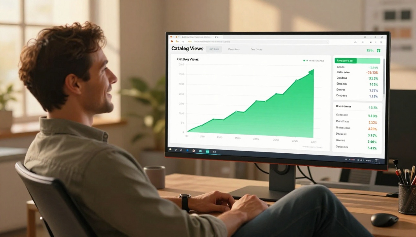 Man smiling at an analytics dashboard showing upward trending catalog view metrics on a large monitor