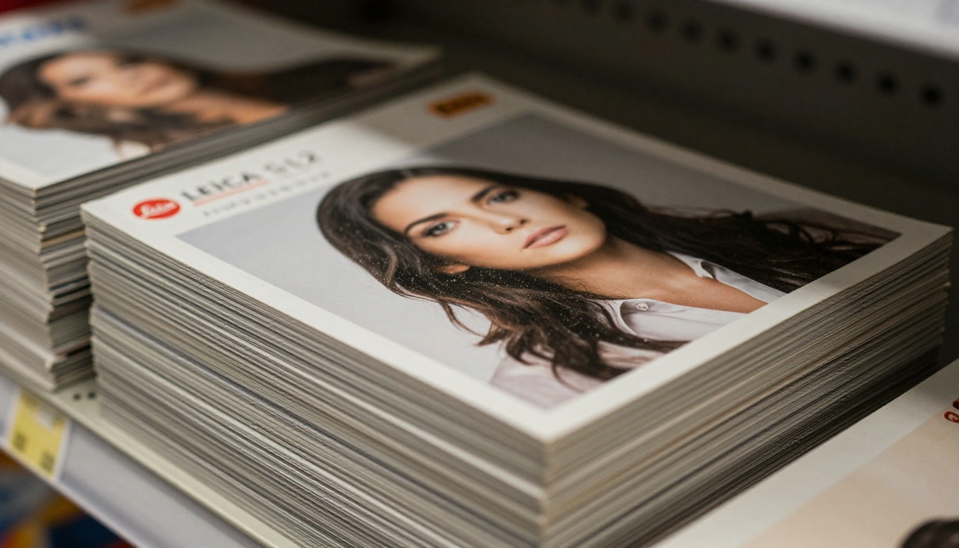 Stack of dusty glossy printed product catalogs sitting untouched on a retail display shelf