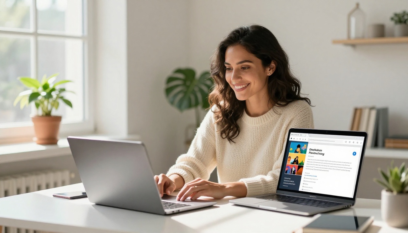 Professional woman composing an email to share her flipbook catalog on a MacBook in a bright home office