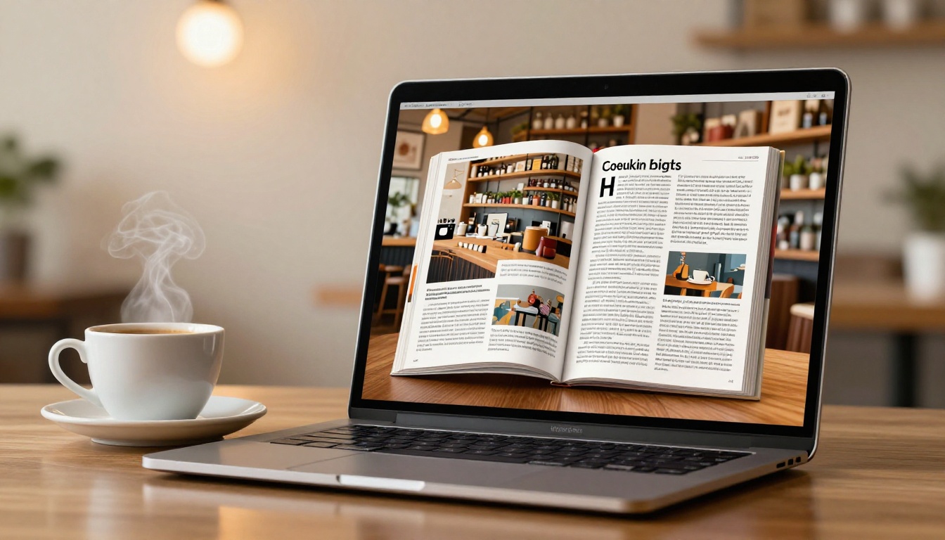 Interactive digital flipbook with realistic page-turn animation on laptop screen in cozy coffee shop