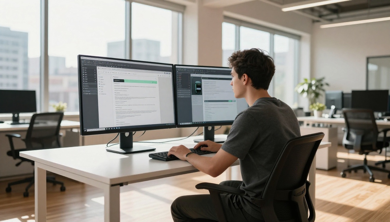 Male designer working at standing desk with dual monitors displaying email newsletter layout