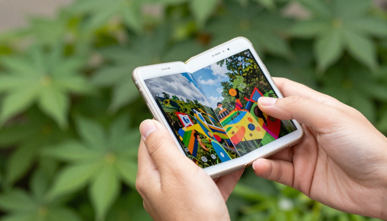 Woman holding smartphone with colorful interactive flipbook publication open outdoors in garden
