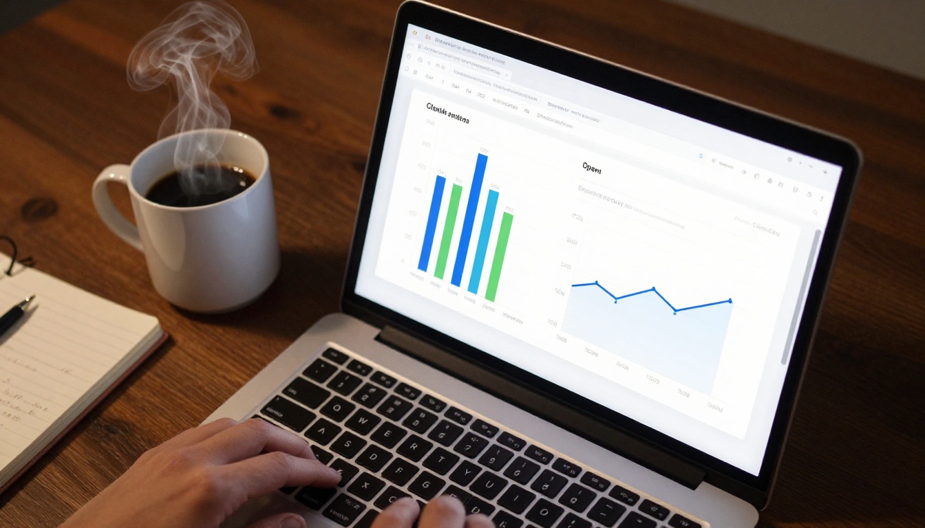 Aerial flat lay of laptop on dark walnut desk showing email analytics with click rate bar charts