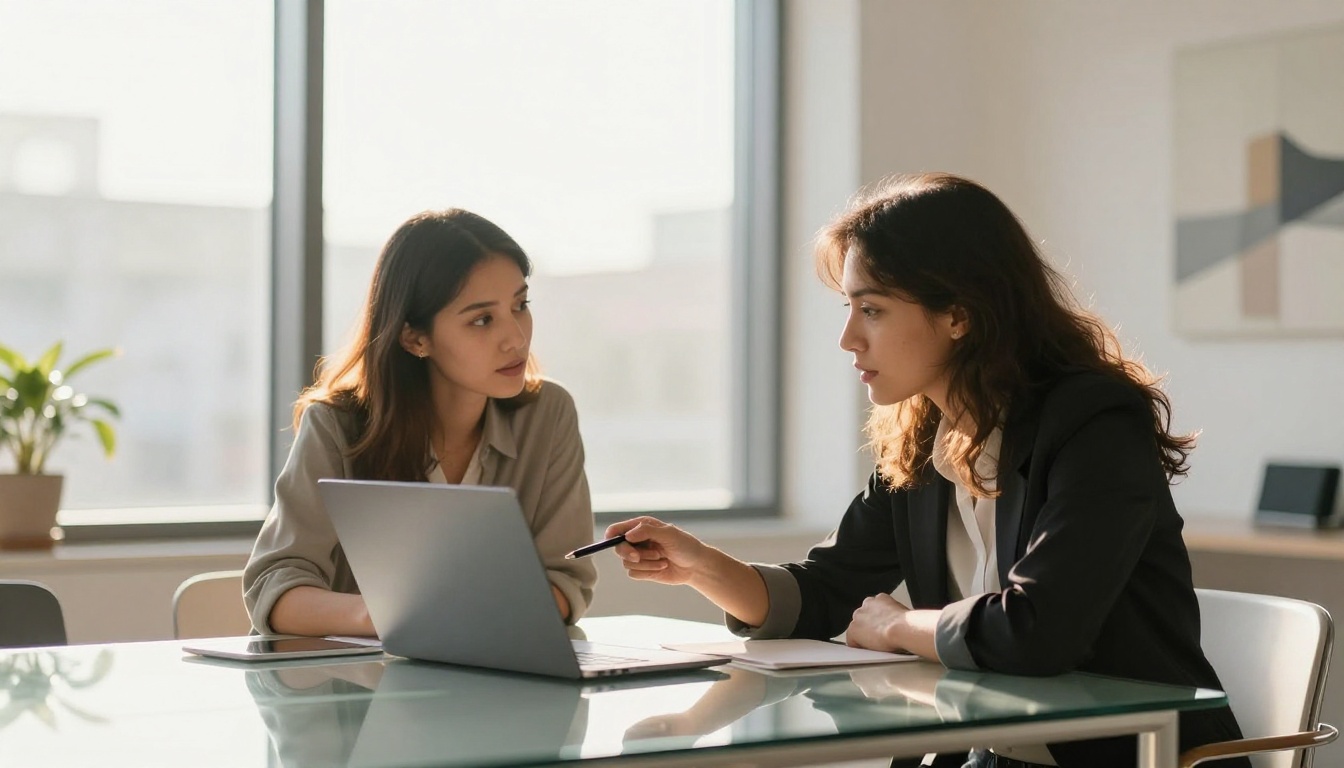 Two professionals seated at glass conference table reviewing email campaign on open laptop