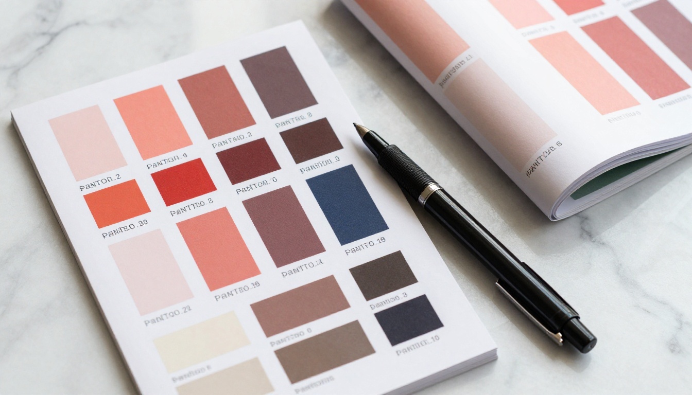 Brand style guide with Pantone color chips and matching brochure samples on white marble Brand style guide with Pantone color chips and matching brochure samples on white marble