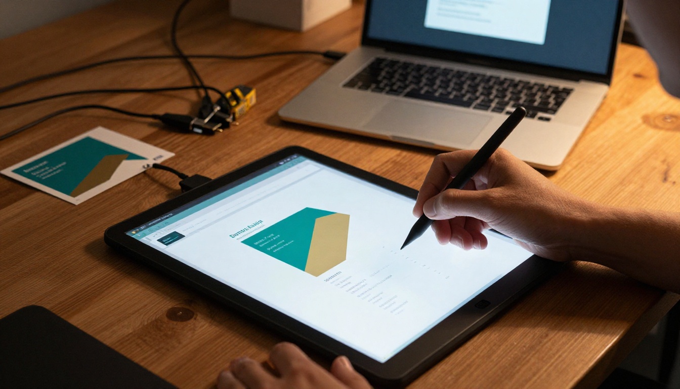 Designer using stylus on drawing tablet with brand color picker open on laptop screen Designer using stylus on drawing tablet with brand color picker open on laptop screen