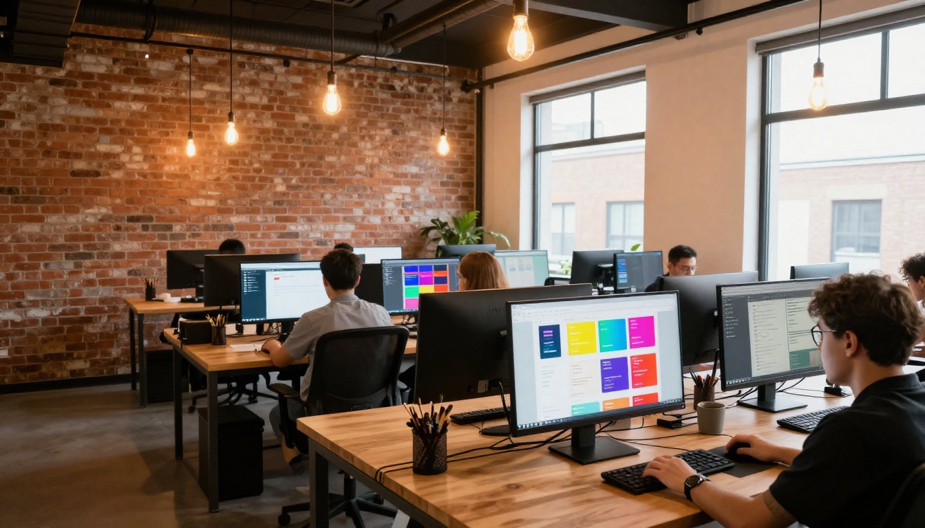 Branding agency office with designers customizing digital brochures on dual monitors Branding agency office with designers customizing digital brochures on dual monitors