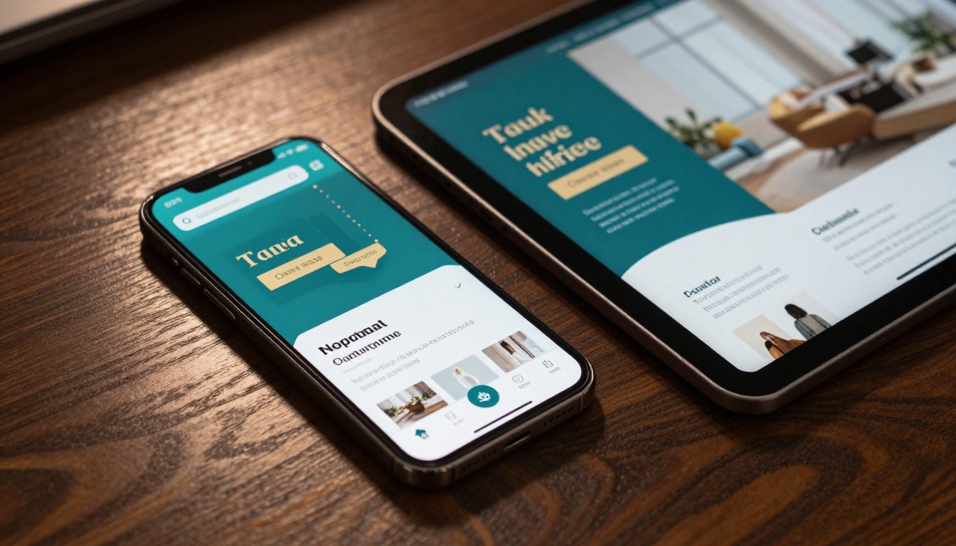 Smartphone and tablet displaying the same branded digital brochure with teal and gold colors Smartphone and tablet displaying the same branded digital brochure with teal and gold colors