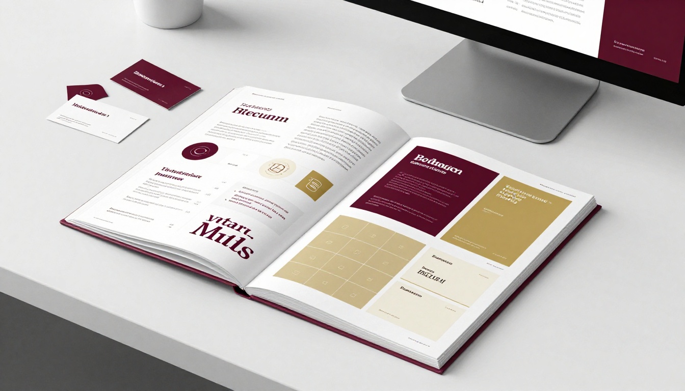 Brand guideline book open showing color swatches beside a matching digital brochure on monitor Brand guideline book open showing color swatches beside a matching digital brochure on monitor