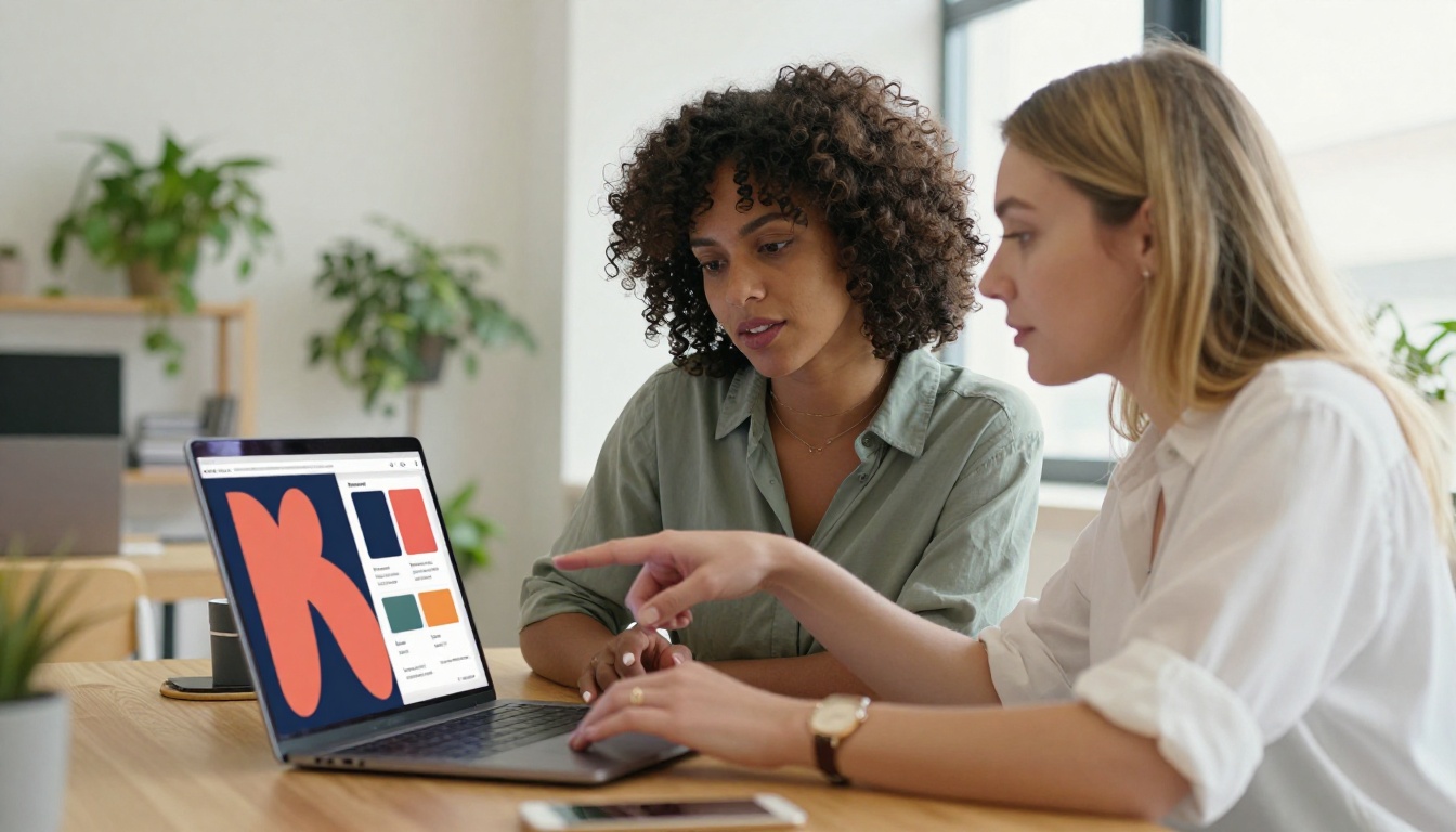 Two women collaborating reviewing a digital brochure on laptop with coral and navy colors Two women collaborating reviewing a digital brochure on laptop with coral and navy colors