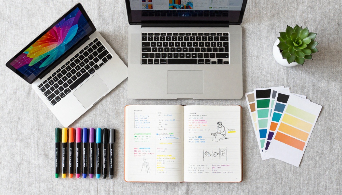 Aerial flat lay of laptop with digital brochure, color swatches, sketchbook and markers on linen Aerial flat lay of laptop with digital brochure, color swatches, sketchbook and markers on linen
