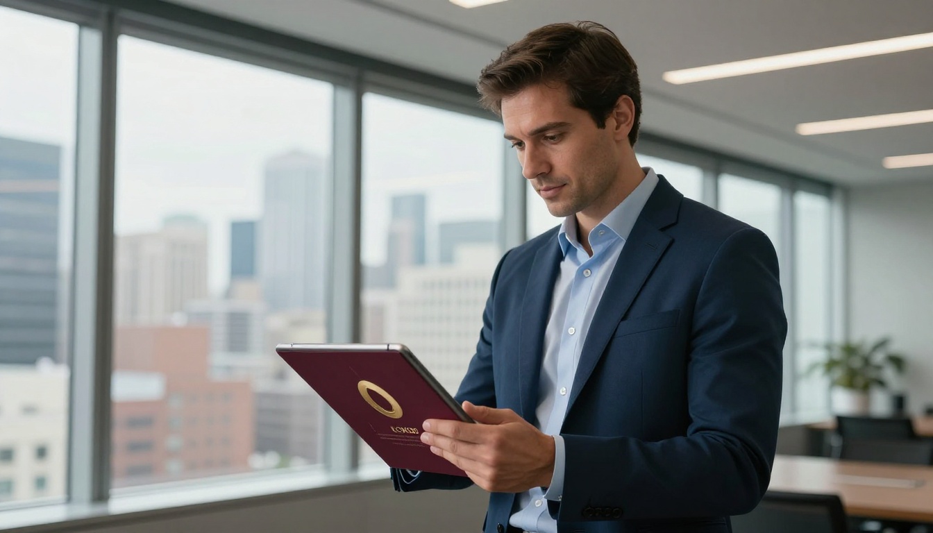 Professional man in navy blazer holding tablet displaying branded brochure in glass conference room Professional man in navy blazer holding tablet displaying branded brochure in glass conference room