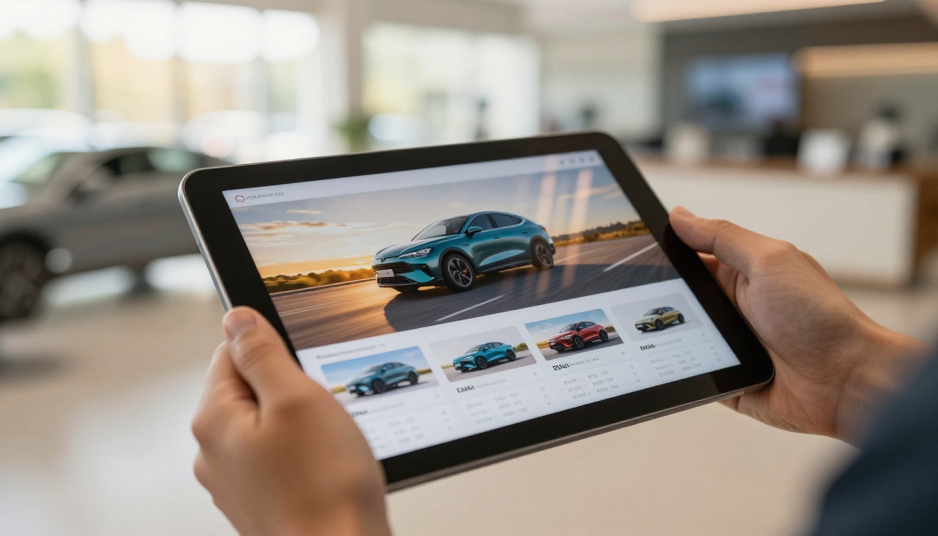 Customer browsing digital car catalog on tablet at dealership