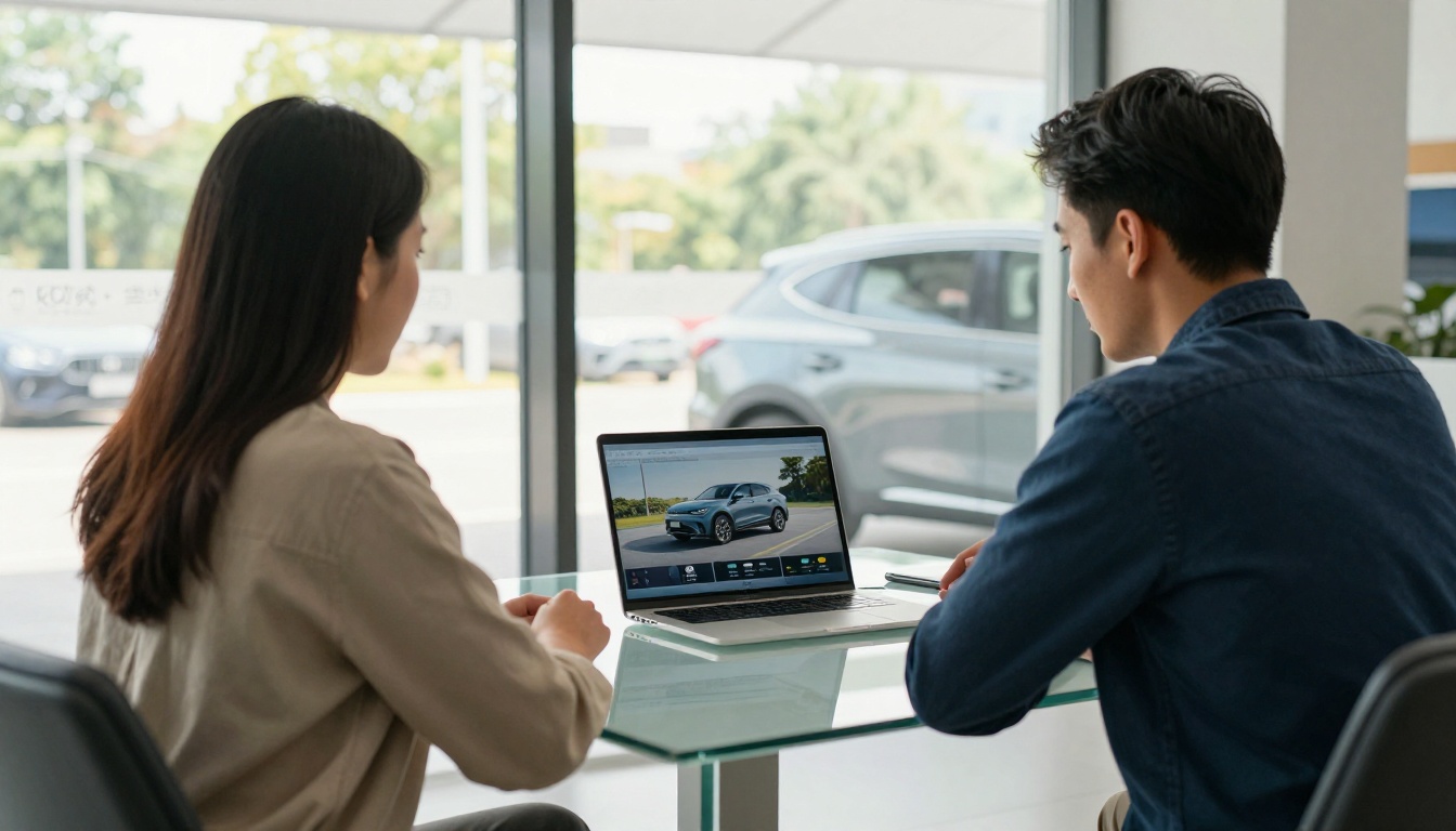 Couple reviewing digital vehicle catalog with salesperson at modern dealership desk