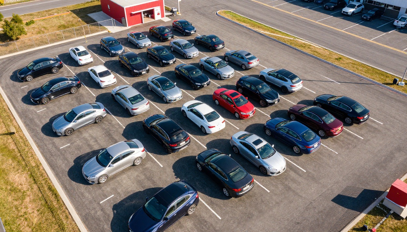 Aerial view of car dealership lot showing full vehicle inventory organized in rows
