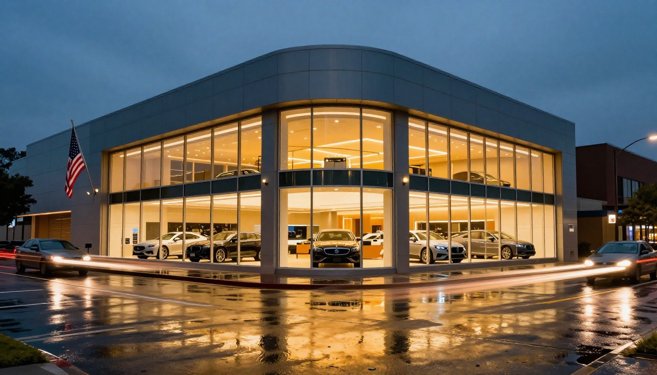 Modern car dealership exterior at dusk with illuminated showroom windows reflected in wet pavement