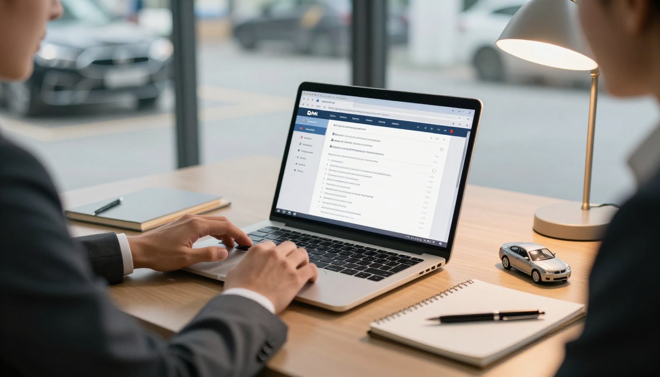 Salesperson preparing digital vehicle catalog on laptop at organized dealership desk