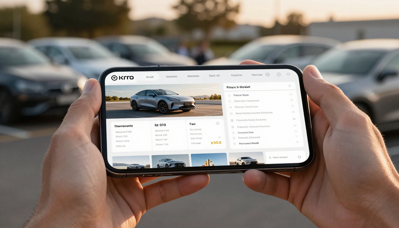 Buyer viewing vehicle catalog on smartphone in dealership parking lot during afternoon