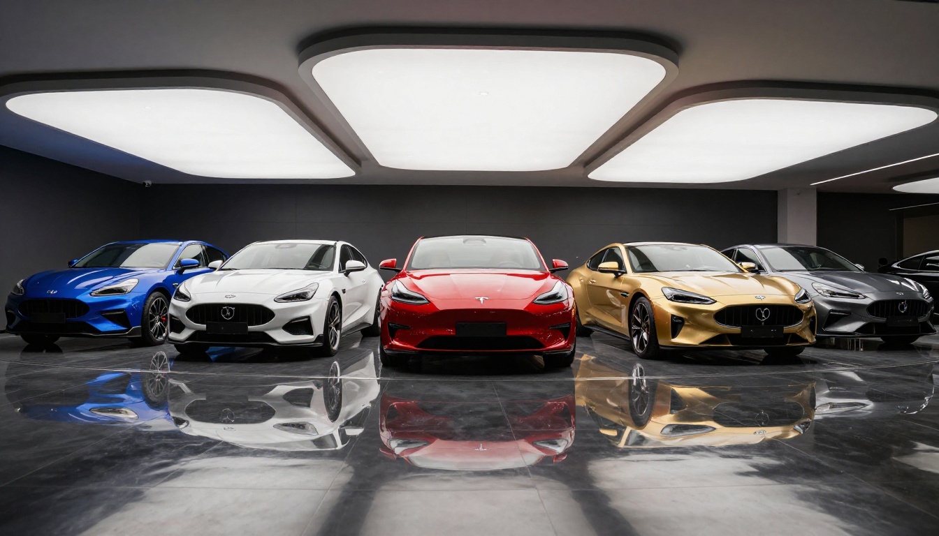 Row of luxury cars displayed under dramatic individual spot lighting in premium showroom
