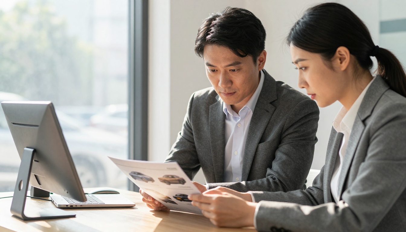 Two automotive sales professionals comparing print brochure and digital flipbook at standing desk by window