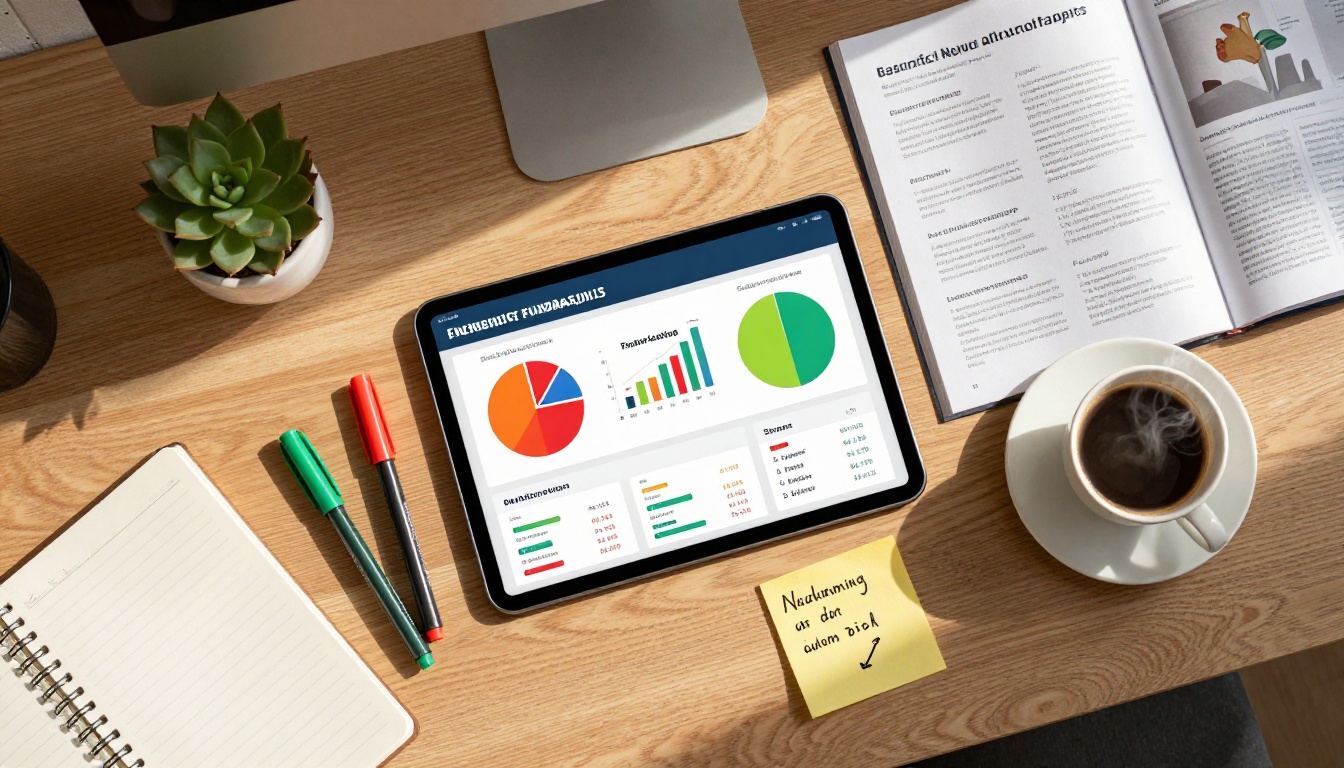 Aerial flat-lay of fundraising data visualizations on a desk with report, espresso, and notebook
