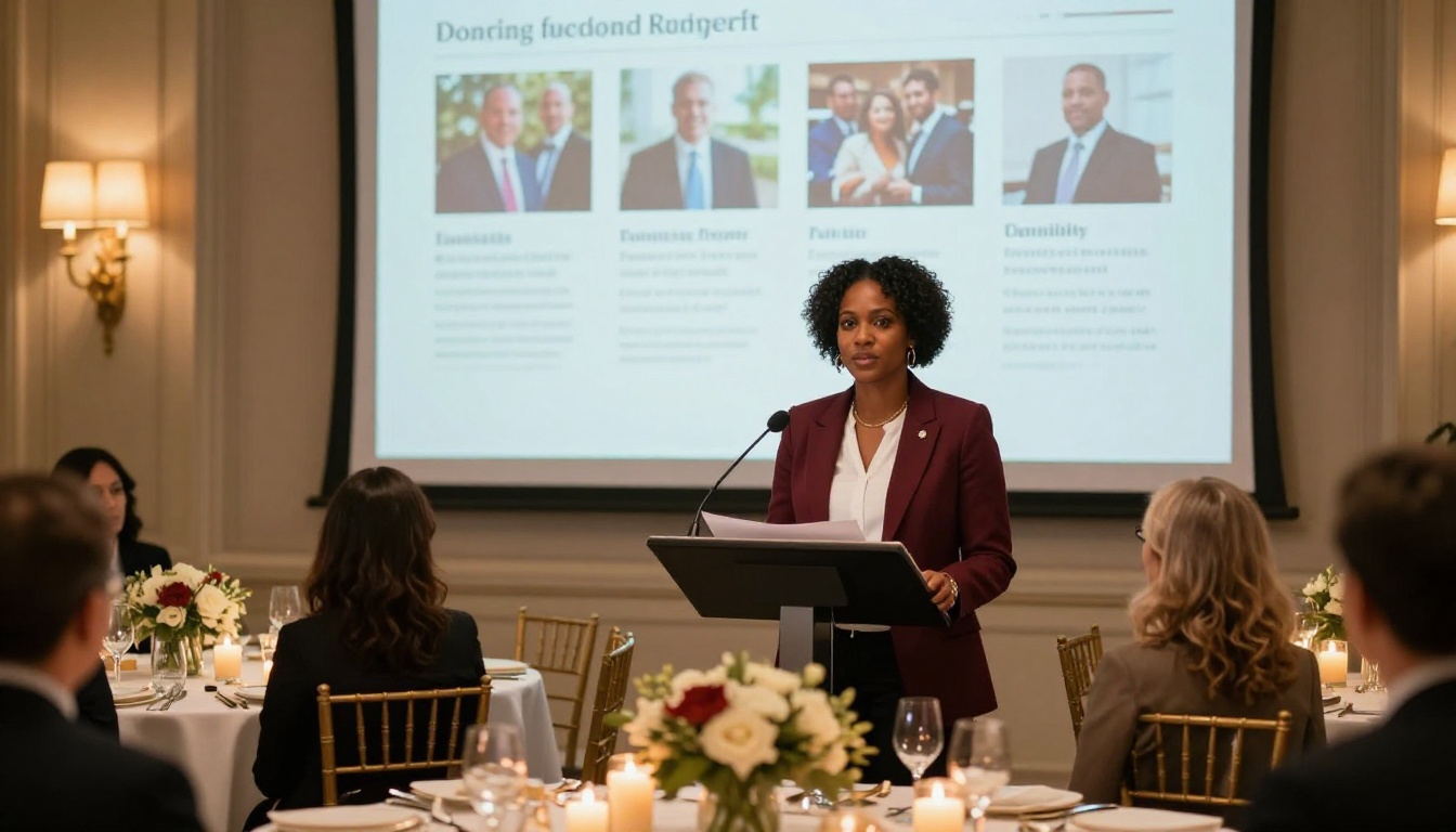 Confident nonprofit leader presenting interactive fundraising flipbook on projection screen at charity gala
