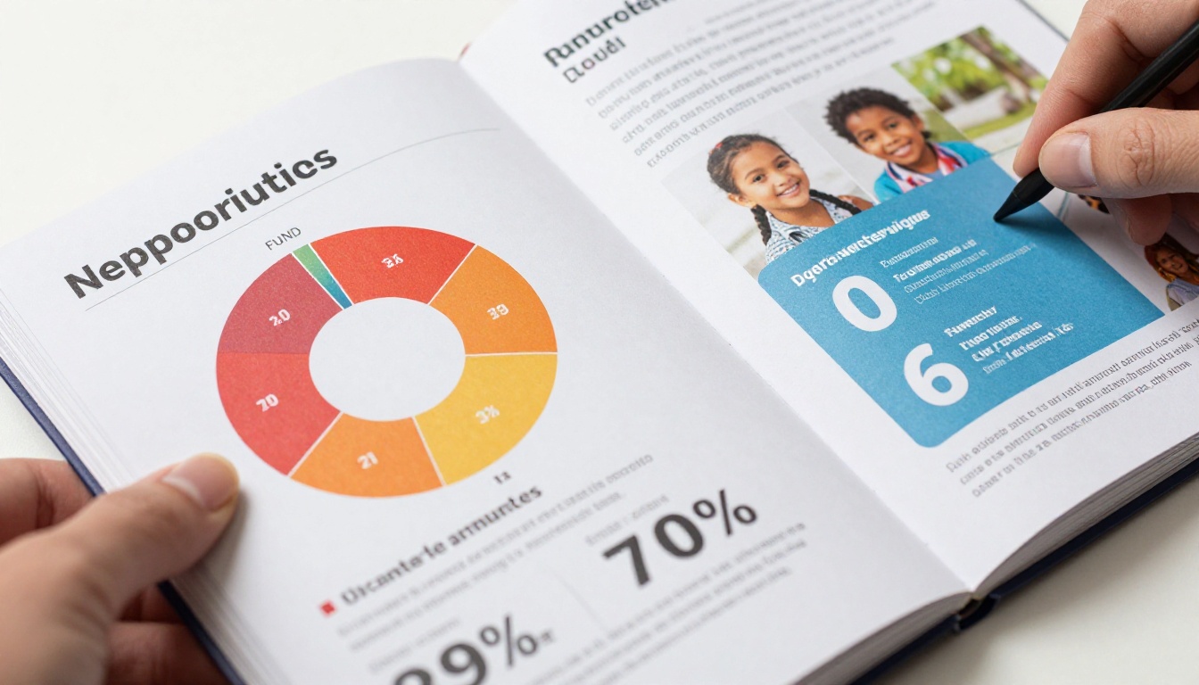 Close-up of a nonprofit fundraising report showing vibrant donor impact infographics across two pages