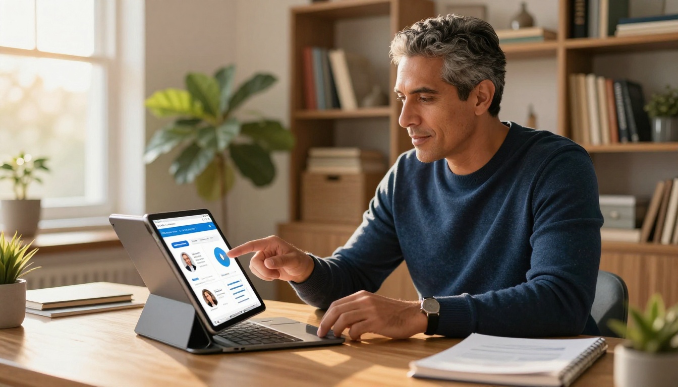 Latino man browsing digital fundraising flipbook on iPad Pro at warm home office desk in golden hour light