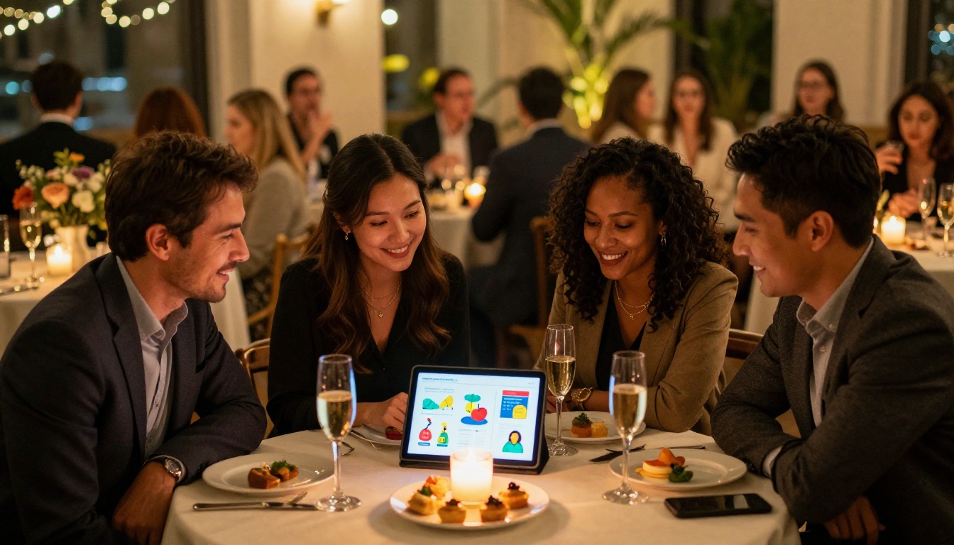 Group of diverse charity donors at upscale fundraising event gathered around shared tablet showing flipbook