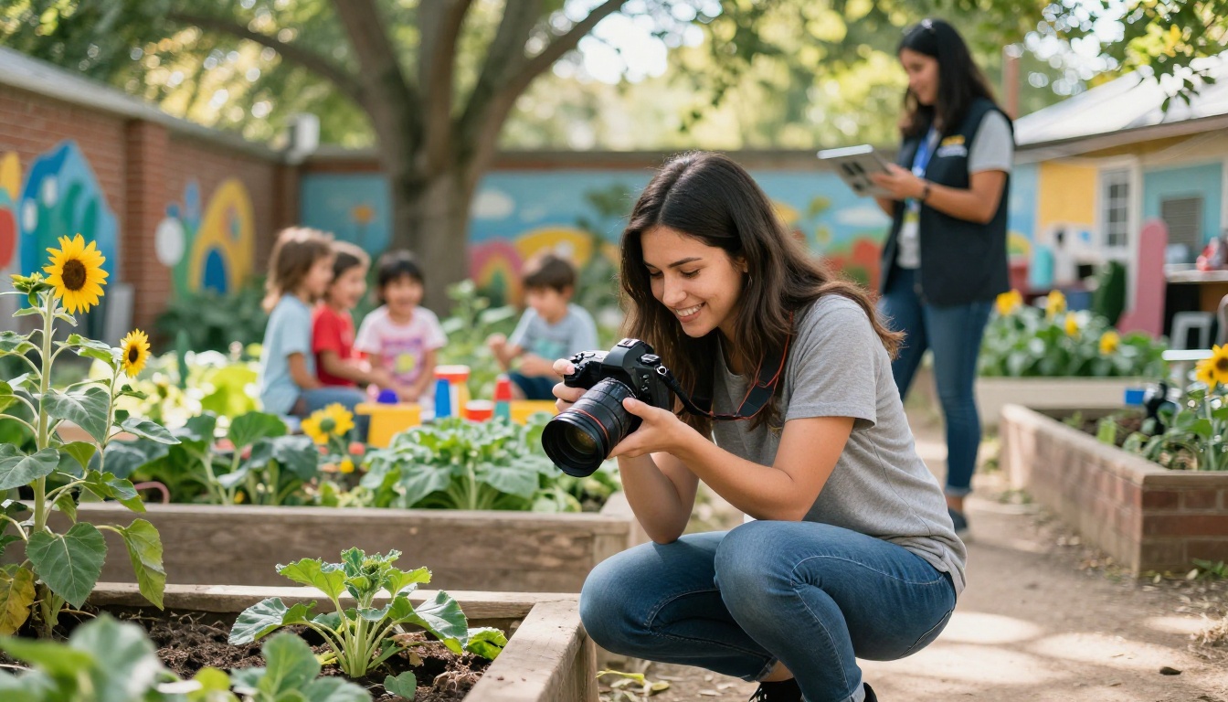 Female nonprofit photographer capturing program beneficiaries in a colorful community garden with sunflowers