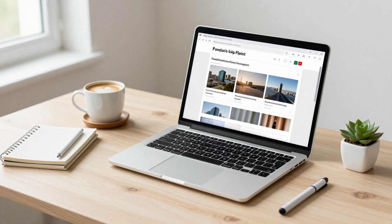 Clean modern minimalist desk with MacBook showing flipbook creation interface, coffee mug, and succulent plant