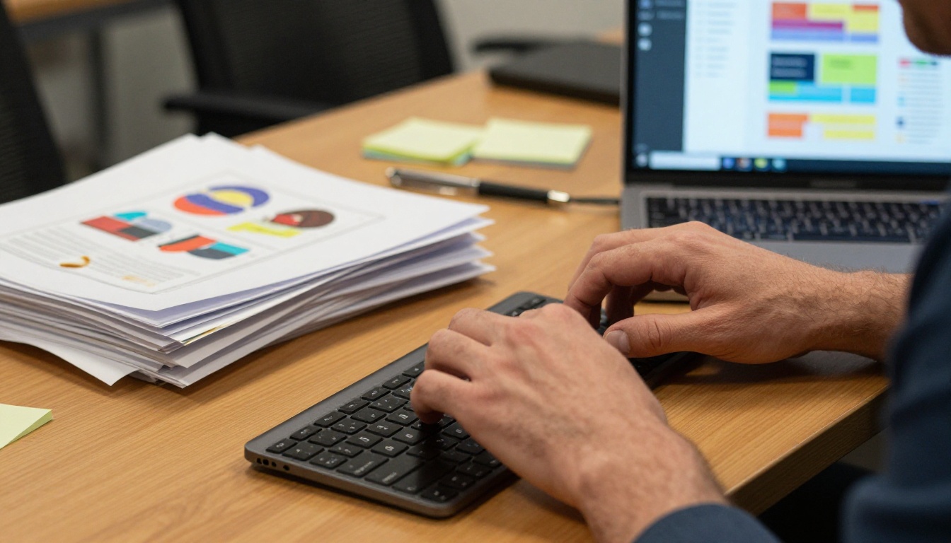 Man's hands on a laptop keyboard with printed presentation slides scattered on a conference table