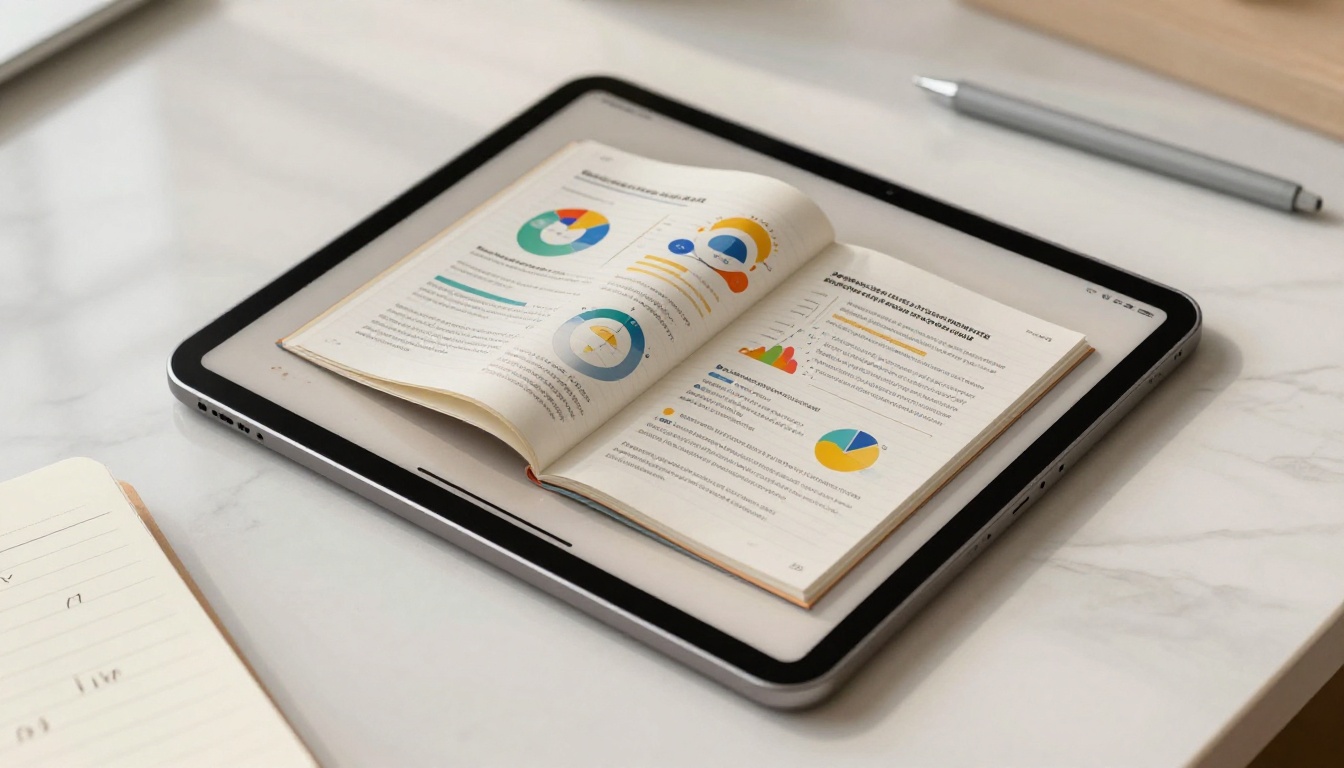 Tablet on a marble desk showing a digital flipbook with a page mid-turn and colorful presentation slides visible