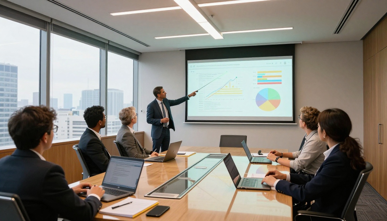 Conference room with diverse professionals seated around a glass table viewing a projected presentation