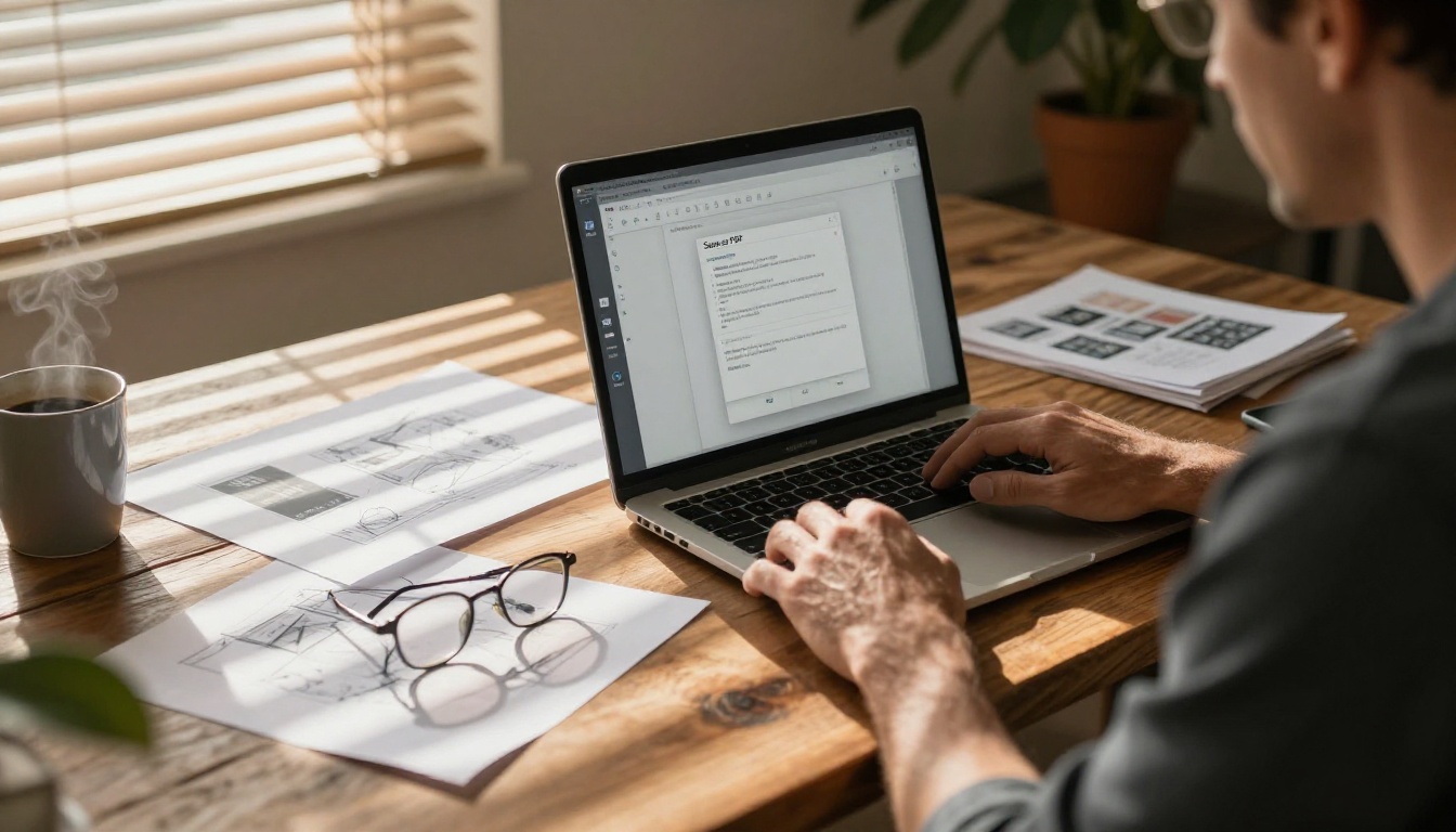 Man at a home office desk exporting a PDF file from his laptop with warm venetian blind light stripes across the workspace