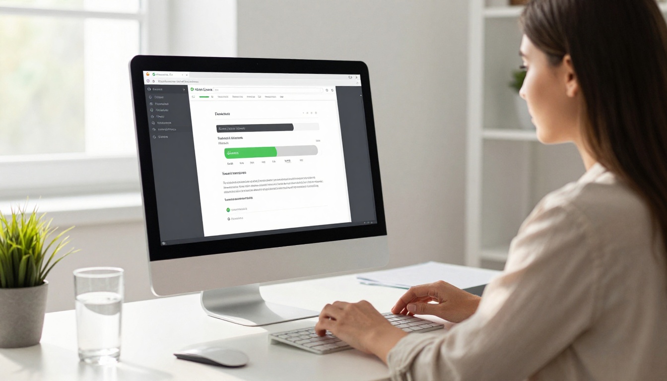 Young professional woman uploading a PDF to a desktop computer in a bright minimalist home office with a window on the side